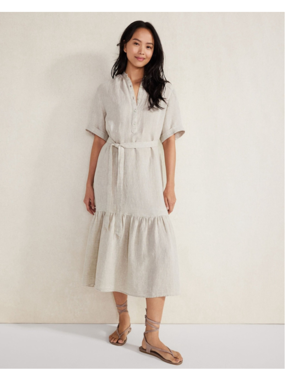 NWT Haven Well Within Linen Tiered Midi Shirt Dress Flax Sz L Beachy Coastal